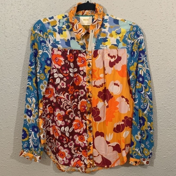 Maeve Anthropologie Contrast Print Buttondown Long Sleeve Blouse NWT size XXS - Picture 7 of 14